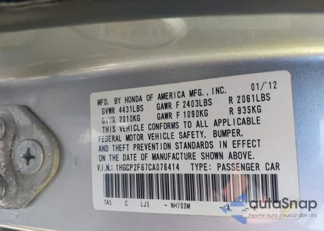 2012 Honda Accord Sdn 2.4 Ex-L/Ex-L from USA, damaged, VIN 1HGCP2F87CA076414